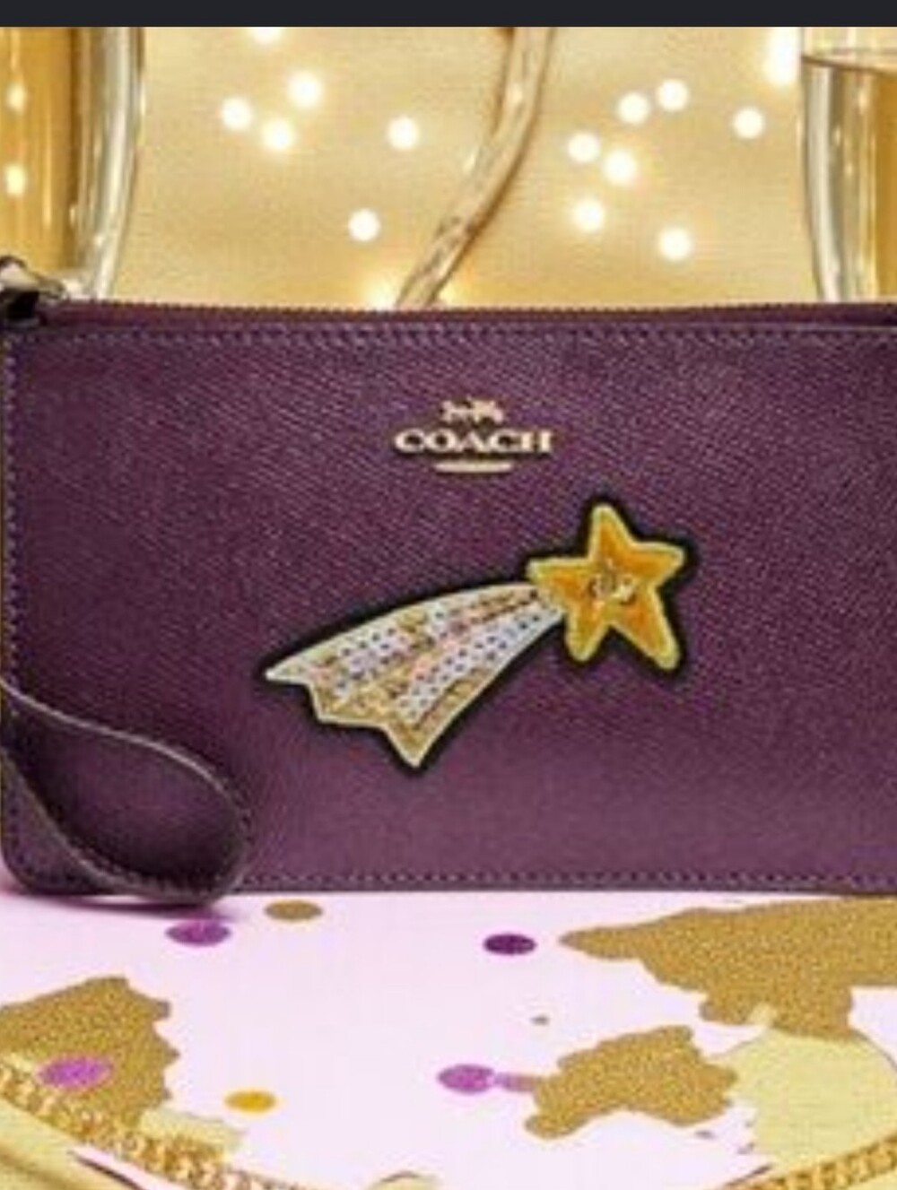 Coach Leather Star Patch Wristlet Metallic Plum/purple Sequin Gold Star F38706